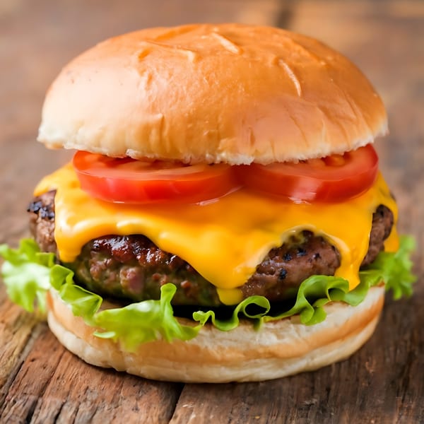 A juicy cheeseburger with melted cheddar, fresh tomatoes, and crisp lettuce on a wooden surface.